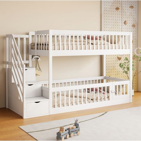 Etagenbett 90/200 cm Weiß aus Massivholz mit Treppenschubladen und Spielbereich (1/5)
