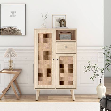 Buffet 60 x 40 x 101 cm en bois avec 2 portes en rotin et 1 tiroir meuble de rangement pour salon et entrée (1/5)