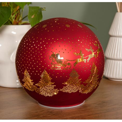 15cm Battery Operated Light up Santa Glass Ball in Red with Warm White LEDs