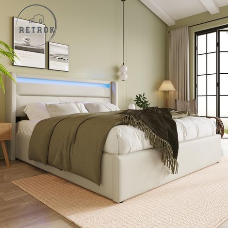 Lit Coffre Hydraulique avec Bande Lumineuse LED - Lit Double, Cadre de Lit Rembourré, Fonctionnel, 160x200cm, Beige (Télécommande Incluse) (1/5)