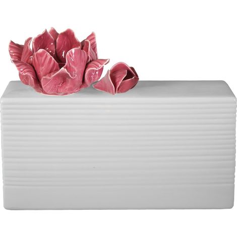 Vase en céramique rectangulaire Blanc avec Bouche Rose en Forme de Fleur 32 x 12,5 x 12 cm (1/2)