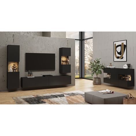 Juego de diseño de 4 muebles de salón colección EVA. Color negro y roble.