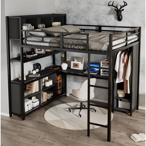 Cama alta moderna 140x200 cm de metal y madera negra, con escritorio, armario integrado, almacenaje y escalera (1/5)