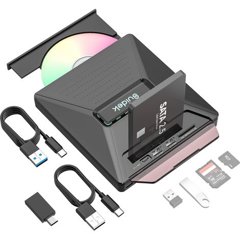 Lecteur DVD Externe,Disque Dur Externe CD/DVD avec 2.5’’ SATA Lecteur de cartes SD/Micro SD, Lecteur CD/DVD pour Windows, Linux, Vista, iMac, MacBook (1/5)