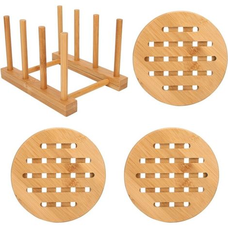 Étagère de drainage multifonctionnelle en bambou avec set de nappe isolante pour bols et plats, accessoire de cuisine rond (1/5)