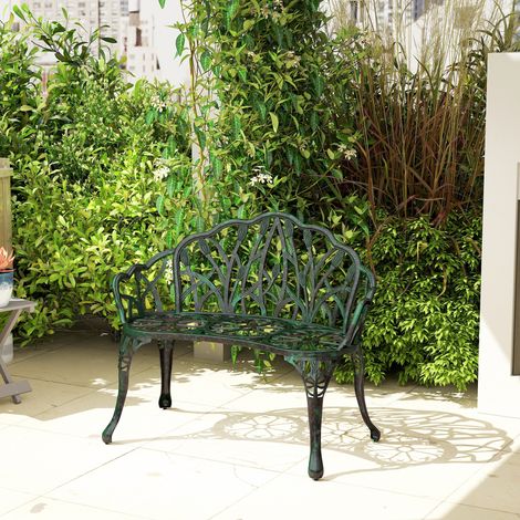 Banc de jardin en aluminium moulé, banc extérieur 2 places avec dossier tulipe, assise florale, 99x57x78cm, vert antique (1/5)