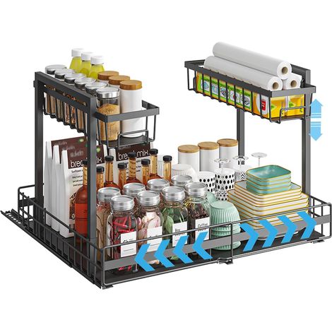 2 Étage Organisateur Cuisine Avec Tiroirs Amovible, Rangement de Cuisine Coulissant, Rangements Sous Évier, Organisateur Sous Évier pour Salle de Bain, Armoire, Placard (Noir) (1/5)