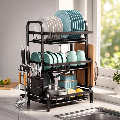 Acier Inoxydable Égouttoir à Vaisselle 3 étages Grand avec Plateau d'égouttement, Support pour Couverts/Planche à découper sur évier pour Assiette (1/5)