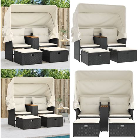 Canapé de jardin 2 places avec auvent et tabourets noir rotin - Canapé De Jardin - Salon De Jardin - Ensemble De Jardin - Meubles De Jardin - Mobilier De Jardin - Home & Living (1/5)