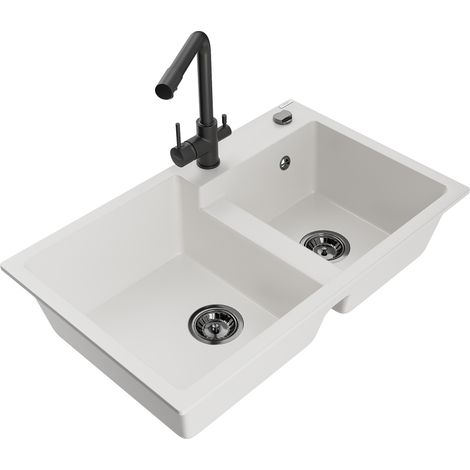 Mexen Tomas évier en granit 2 bacs avec robinet de cuisine Duero, blanc - 6516-20-671600-70 (1/5)