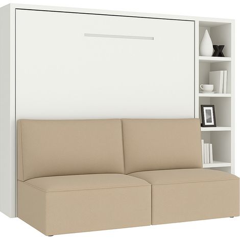 Lit escamotable horizontal LOGIA Beige lit+canapé+étagère-140x190-Canapé Beige-Structure Blanche-Version lit+canapé+étagère (1/5)