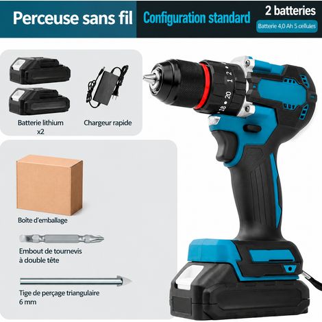 Perceuse visseuse brushless à percussion 4.0Ah 5 cellules boîte carton 2 batteries avec foret, 1 kg – Livraison gratuite