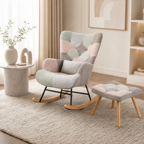 Poltrona a dondolo multicolore con poggiapiedi, 91 cm, in tessuto e legno di caucciù HAVRYA (1/5)
