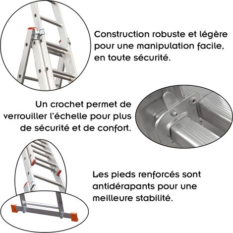 Monmobilierdesign – Échelle transformable en aluminium 3 plans 7 marches – Hauteur de travail 4,88 m – Sécurité maximale avec pieds antidérapants – Charge 150 kg