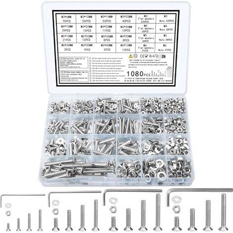 1080 Senkkopfschrauben Muttern Set,M3 M4 M5 M6 Schrauben Set,Flachkopfschrauben Innensechskant Schrauben und Muttern Set mit Unterlegscheiben, Maschinenschrauben Sortiment, Gewindeschrauben