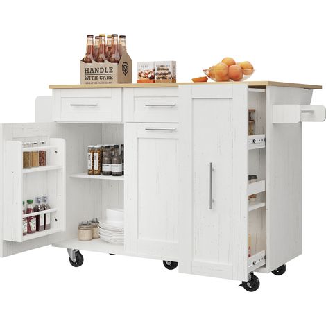 Îlot de cuisine moderne, meuble et buffet effet bois, table multifonction avec espace de rangement, desserte avec étagères à snacks et modules extensibles, blanc