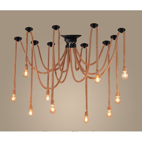 Lustre en Corde de Chanvre Suspension Luminaire Plafonnier Industriel Vintage Lampe 5 Têtes, Suspensions en Corde Bois de Style Campagnard pour DIY Edison Lampe Restaurant Bar Café Salon (1/2)