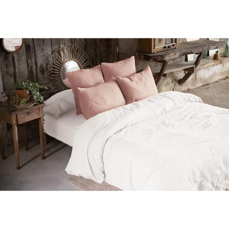 Housse de couette double gaze de coton Bio 240x220 cm 4 taies Blanc/Rose (1/4)