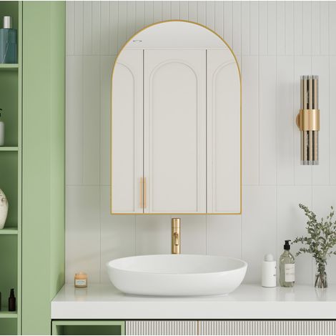 Armoire de toilette miroir 61x7,8x91 cm métal doré, étagères réglables, gain de place – MEUBLIV (1/5)