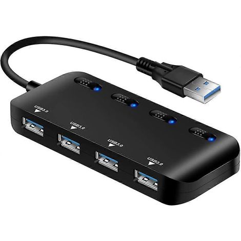Hub USB 3.0 à 4 ports, répartiteur de données actif 5 Gbit/s avec interrupteur d'alimentation et LED individuels, adaptateur de hub USB (1/4)