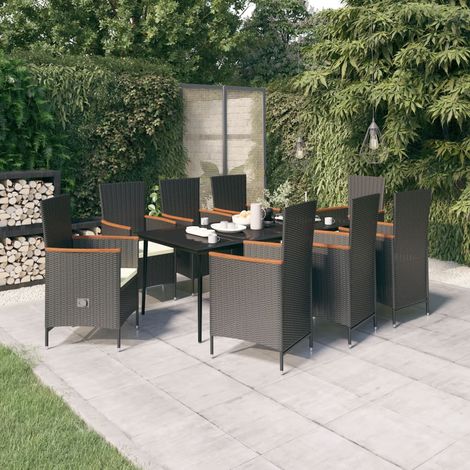 Juego de comedor de jardín 9 piezas con cojines negro vidaXL (1/5)