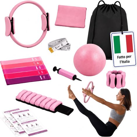 Relaxdays Set Pilates, 13 pz, anello, palla, 6 bande elastiche, polsini, accessori per Pilates, rosa