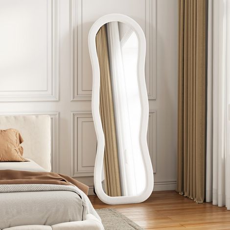 Miroir sur pied ondulé 160x50 cm - Miroir corps entier style romantique avec cadre flanelle - Blanc (1/5)
