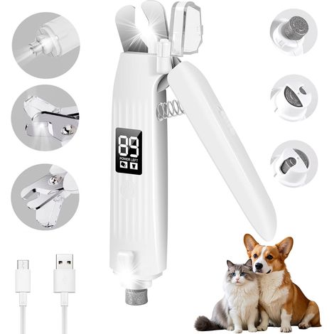 Tagliaunghie e affilaunghie 2 in 1 per cani e gatti, dotato di 2 luci LED, protezione antispruzzo e caricatore USB, adatto a cani di piccola, media e grande taglia. (1/5)