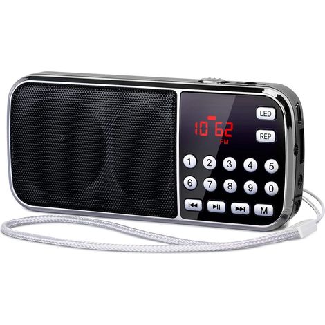 Radio Bluetooth AM/FM Portable – Haut-Parleurs Doubles Basses Puissantes, Lampe Torche LED, Taille Poche, Lecteur MP3 TF/USB/AUX, Rechargeable, Couleur Noire (1/5)
