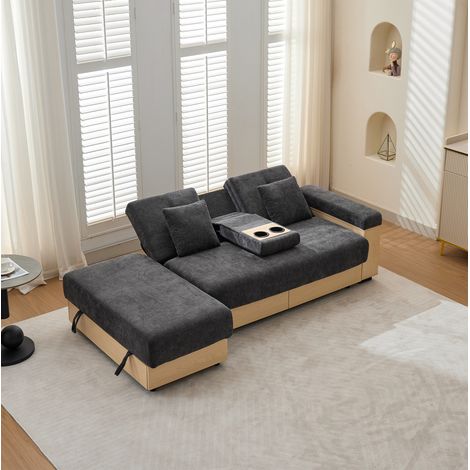 Divano angolare 217/110/90 cm in chenille grigio con contenitore, 3 posizioni schienale e portabicchiere (1/5)