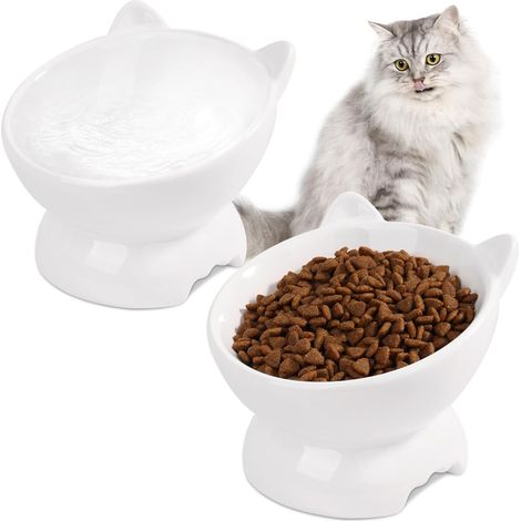 Lot de 2 gamelles pour chat surélevées, en céramique inclinée à 15°, pour le cou de chat, pour petits chiens - Blanc (1/4)