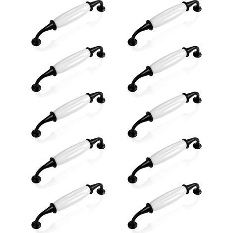 Lot de 10 poignées de porte/tiroir en alliage de zinc céramique blanc et noir, compatibles avec un espacement de 12,7 cm (5 pouces) entre les portes et tiroirs de placards.