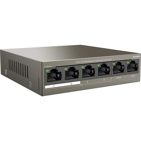 Tenda TEF1106P-4-63W - Switch PoE a 6 Porte con 4 Porte PoE da 63W, Velocit� 10/100 Mbit/s, Supporto IEEE 802.3, 802.3af, 802.3at, 802.3u, 802.3x, Compatibile con Cavi Cat5 e Cat5e, Design Nero, Ideal (1/4)