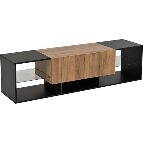 Mueble TV de 3 niveles con 2 cajones y estantes de cristal LED 160x40x42 cm negro (1/5)