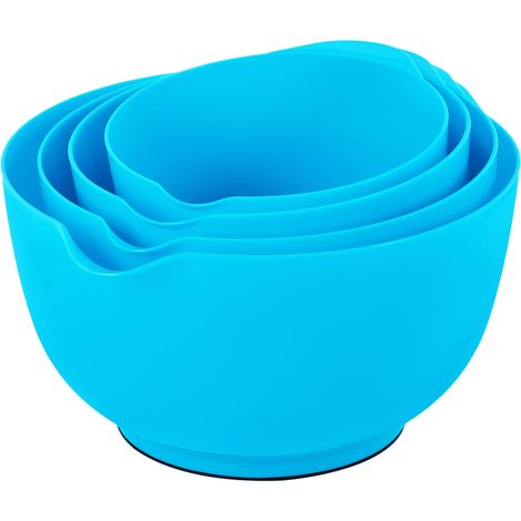 Lot de 4 bols à mélanger en plastique sans BPA, bleu cyan - avec bec verseur, fond antidérapant et poignée, empilables, passent au lave-vaissage et au micro-ondes, idéal pour la cuisson (1/5)