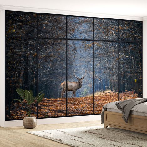 Papier peint panoramique Trompe l'oeil Verrière - Cerf chemin en forêt - 152 - 130 cm x 82 cm (1/5)