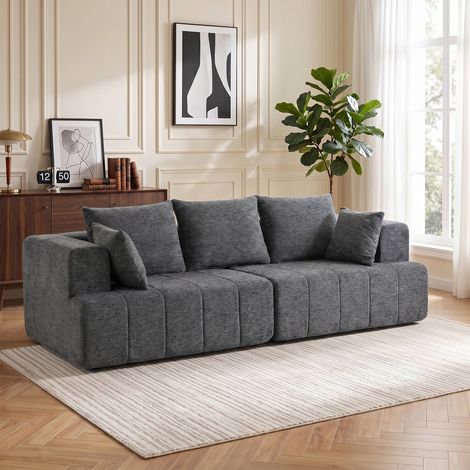 Canapé 3 places, modèle Cloud, en chenille avec rembourrage à ressorts épais, assise large et profonde, larges accoudoirs, coussins, gris (1/5)