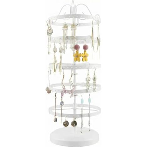 5 Niveaux porte de boucles d'oreilles, Support bijoux rotatif en métal, Distance entre les niveaux réglable, Capacité de 210 trous pour 105 paires,Blanc (1/4)