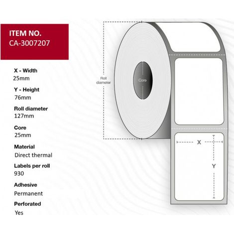 Étiquettes thermiques Capture, 25 x 76 mm, durables, enduites, perforées, 930 étiquettes/rouleau, 12 rouleaux par carton, CA-3007207