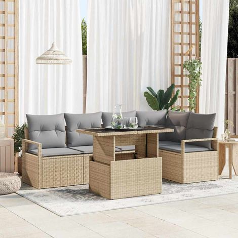 Garten-Sofa-Set mit Kissen 6 pcs Beige und Hellgrau Poly-Rattan (1/5)