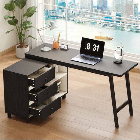 MEUBLIV Bureau d'angle 150 x 100 x 76 cm noir et blanc – 3 tiroirs, 2 niches (1/5)