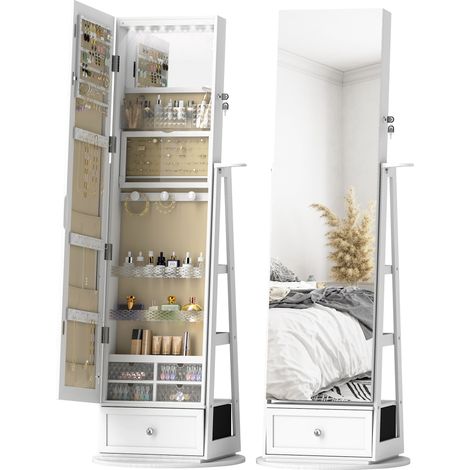 HOMCOM espejo joyero con luces LED, armario para joyas, armario joyero con espejo entero, giratorio de 360°, cajón, cerradura, blanco