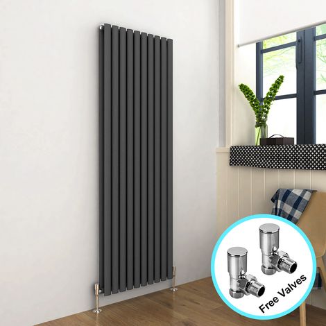 ELEGANT 1800 x 590 mm Anthracite Vertical Column Radiator Double Oval Panel Designer Bathroom Radiator + Angled Radiator Valves (1/5)