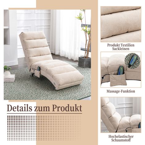 Fauteuil inclinable moderne fixe avec soutien lombaire, vibration douce, poches latérales & confort ergonomique — lin beige, bureau/salon/chambre