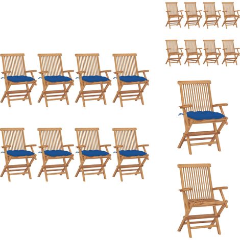 Gartenstühle mit Blauen Kissen 8 Stk. Massivholz Teak - Gartensessel - Gartenmöbel - Holzgartenmöbel - Teak Gartenstuhl - Klappbarer Stuhl (1/5)