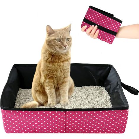 Bac à Litière pour Chat Pliable, Portable Litière de Voyage pour Chat, Boîte à Litière Pliable pour Chats avec Animaux, Imperméable, Nettoyer pour Domicile et Extérieures Camping, L(Rose) (1/4)