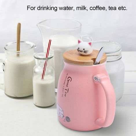 Niedlicher Keramikbecher mit Katzenmotiv, inklusive Löffel und Deckel, geeignet für Kaffee, Milch und Wasser, rosa Geschenkbecher, 1 Stück (1/5)