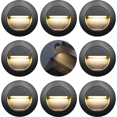 3-W-Einbauwandleuchte, 65 mm runde Treppenleuchte, warmweiße Wandleuchte mit Einbaukasten, 230 V wasserdichte Aluminium-Wandleuchte für Treppen und Stufen, Schwarz (8er-Pack) [Energieklasse E]