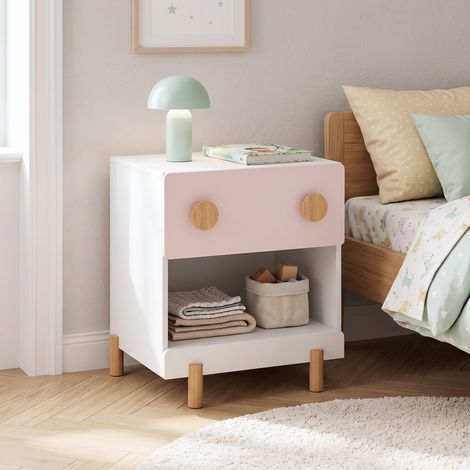 Comodino per Cameretta Vaarentaa con Cassetto e Scomparto Aperto 47x40x35 cm - Bianco/Rosa [en.casa] (1/5)