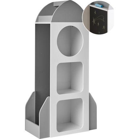 Children Bookshelf White MDF 3-Tier Shelf for Kids Room with Blackboard Playroom Spaceship Shape Scandinavian Style COSMOS